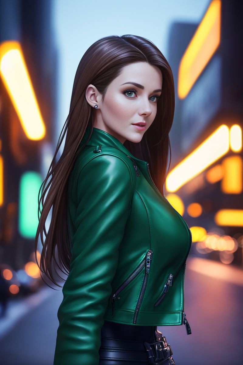 a photo of a hot S016_SybilA, wearing a green leather jacket, in the city, at midnight, (8k, RAW photo, best quality, ultr...