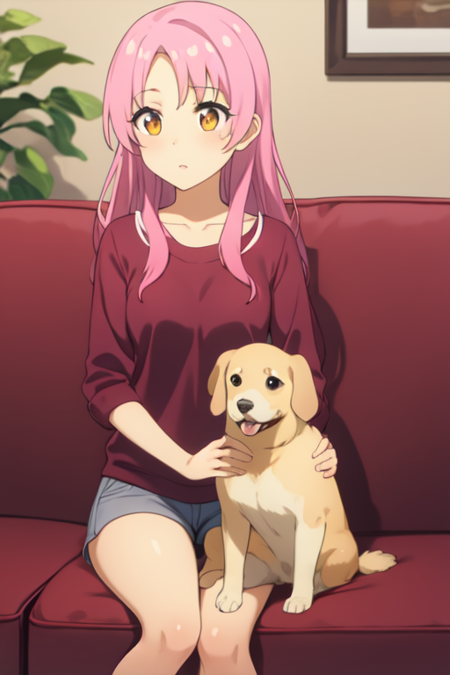 ntg, long hair, casual, sitting, couch, living room, holding dog