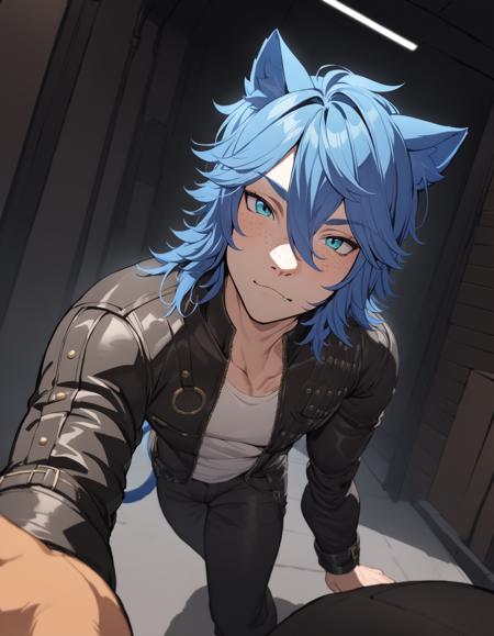 1boy, Parker Edwards, solo, looking at viewer, shirt, animal ears, blue hair, jacket, male focus, cat ears, black jacket, freckles, leather, leather jacket, furry, anthro, cat ears, animal ears , cinematic angle, foreshortening, dark, dark background, masterpiece, best quality , <lora:ParkerEdwardsXL:0.8>