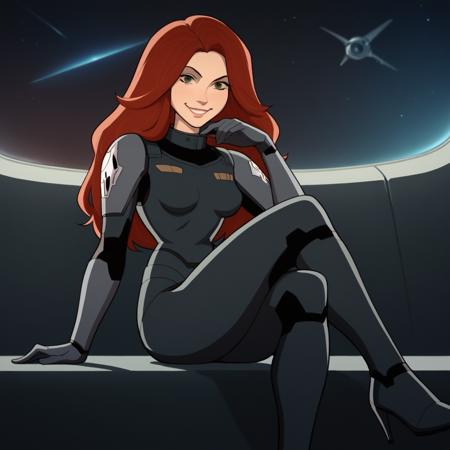 red hair, long hair, green eyes bodysuit, armor,  gloves