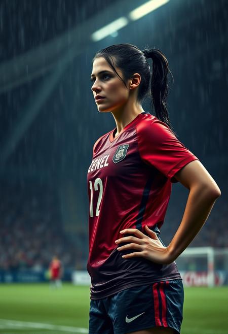 A photorealistic portrait of an athletic German female, 25 years old. She has black hair, tied back. She is playing soccer in a dark, wet stadium. She is soaking wet though both sweat and rain, her face is red through exertion. It is towards the the end of the game, she is stood with her hands on her hips