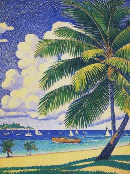 <lyco:PaulSignac:1.0> Wallpaper, sky, summer, coconut tree, Paul Signac