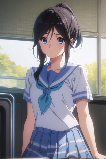 nozomikasaki, <lora:nozomi kasaki s2-lora-nochekaiser:1>,
nozomi kasaki, kasaki nozomi, long hair, blue eyes, black hair, ponytail, hair between eyes,
BREAK skirt, shirt, school uniform, white shirt, short sleeves, pleated skirt, serafuku, sailor collar, blue skirt, neckerchief, blue sailor collar, school bag, blue neckerchief, kitauji high school uniform,
BREAK indoors, classroom,
BREAK looking at viewer, (cowboy shot:1.5),
BREAK <lyco:GoodHands-beta2:1>, (masterpiece:1.2), best quality, high resolution, unity 8k wallpaper, (illustration:0.8), (beautiful detailed eyes:1.6), extremely detailed face, perfect lighting, extremely detailed CG, (perfect hands, perfect anatomy),