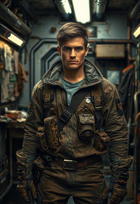 Create a cinematic image of an action hero located in a high tech station. The hero is in the foreground, standing with a determined expression and an unflinching demeanor. They are dressed in rugged, mining gear with hints of dirt and wear, emphasizing their toughness and experience. The quarters  behind them show signs of wear and long habitation, with grime, pin ups on the walls, and general clutter. The hero's posture is relaxed but purposeful. The overall composition should exude a sense of unstoppable determination, bravery, and the classic action movie trope of standing unmoved in the face of danger, emphasizing the hero's larger-than-life persona.