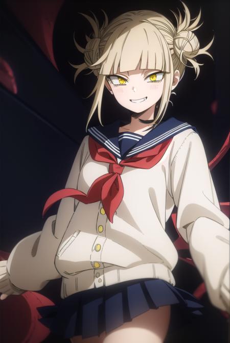 togahimiko, <lora:himiko toga s5-lora-nochekaiser:1>,
himiko toga, (toga himiko:1.2), bangs, blonde hair, (yellow eyes:1.5), blunt bangs, hair bun, double bun, messy hair, smile, grin, teeth,
BREAK skirt, long sleeves, school uniform, pleated skirt, shoes, serafuku, socks, sailor collar, blue skirt, neckerchief, kneehighs, brown footwear, cardigan, black socks, loafers, red neckerchief, yellow cardigan,
BREAK indoors, classroom,
BREAK looking at viewer, (cowboy shot:1.5),
BREAK <lyco:GoodHands-beta2:1>, (masterpiece:1.2), best quality, high resolution, unity 8k wallpaper, (illustration:0.8), (beautiful detailed eyes:1.6), extremely detailed face, perfect lighting, extremely detailed CG, (perfect hands, perfect anatomy),