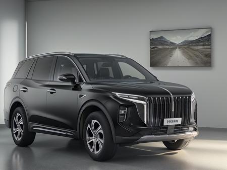 ((best quality)),((masterpiece)),((realistic)),((photorealistic )),one autohome_car(hqhs7) black car <lora:autohomeHQHS7_1.0:0.8>,indoors ,modern art on the wall,luxury decoration,Studio level lighting,gray floor,3d render,a computer rendering,photorealism,