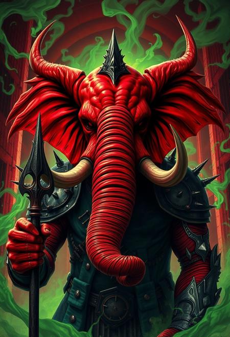 A terrifying evil elephant-headed man with a split trunk. Red skin. Two elephant trunks. Barbed tusks. Wearing spiked armor. Holding a barbed trident. Surrounded by green swirling gas. Red prison walls in the background.  In the style of a fantastical horror film.