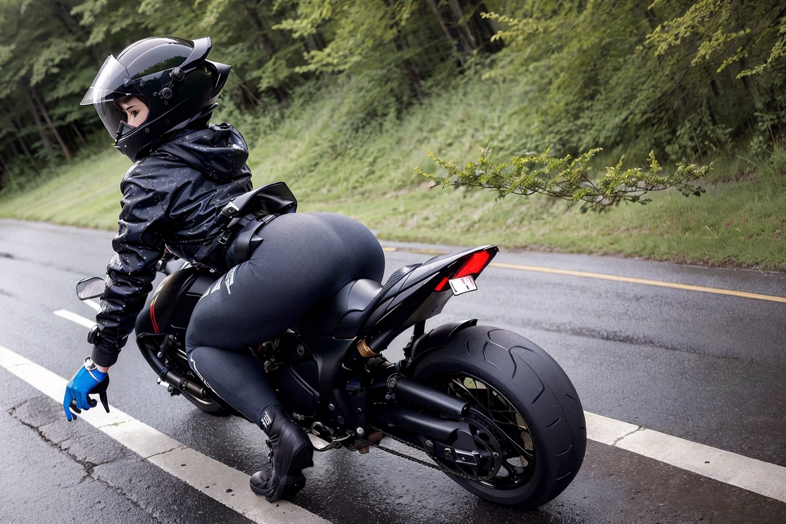 low stance, rainy weather:1.2, fully covered helmet, closed - up, on a wet road, 175 tall woman, huge tits:1.2, huge ass, ...