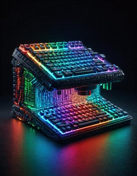 rgb keyboard, futuristic design, translucent materials, glowing circuitry, abstract background, energy particles, sci-fi aesthetic, volumetric lighting, detailed surface, smooth gradients <lora:RGB_Keyboard_themed:1>
