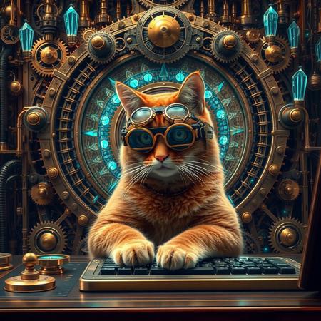 A ginger cat, wearing aviator googles, sits at a table with its paws tapping the keyboard, behind him, filling the room, a marvellously intricate steampunk quantum computer, a fusion of Victorian elegance and futuristic technology. Gears gleam in polished brass, interwoven with elaborate clockwork mechanisms and glowing crystals pulsating with otherworldly energy. This striking image, envisioned as a high resolution digital image, showcases the machine's ornate design and cutting-edge functionality. Every detail is meticulously rendered, creating a visually stunning masterpiece that captivates the viewer with its intricate beauty and technological brilliance.