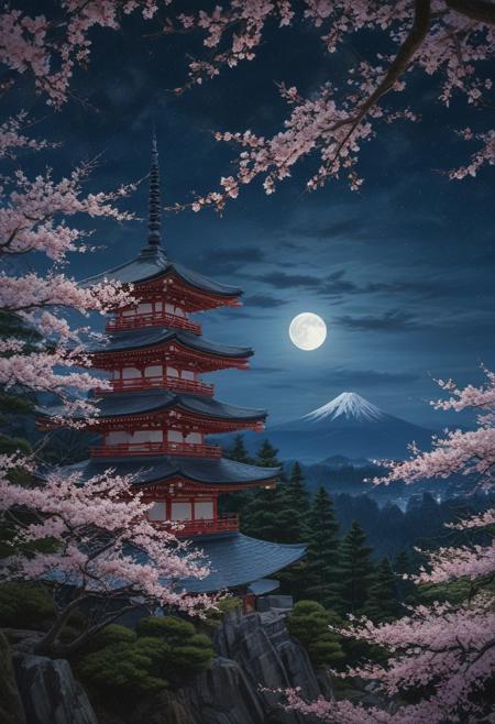 masterpiece, photorealistic, a vast spring forest, distant mountains, japanese pagoda, japanese architecture, japanese forest, cherry blossoms, night sky, serene, peaceful, moonlight, low angle
