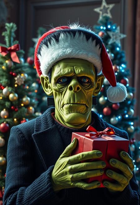Frankenstein’s Monster wearing a Santa hat and holding a Christmas present in front of decorated Christmas trees. Looking at viewer.