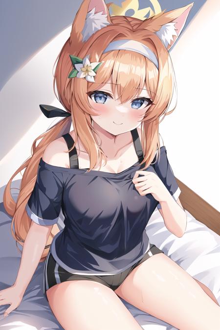 1girl, black shorts, blush, breasts, collarbone, flower, gym shirt, gym shorts, gym uniform, hair flower, hair ornament, hairband, halo, looking at viewer, ponytail, shirt, short sleeves, shorts,small breasts, smile, solo, sweat, white flower, white hairband, white shirt, ba-mari-gym, masterpiece,highres,best quality,8k