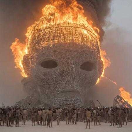 burning man festival rituals depicting huge mobs with pilgrims clothing contemplating the huge fire of the main sculpture