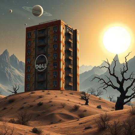 digital artwork featuring a futuristic landscape with a gigantic rusted steel apartment block, resembling a computer server in the foreground. The building, marked with a Dell logo in white, stands on a hill in a barren, undulating terrain. Old windows and balconies are visible on the building. The sky is filled with celestial bodies, orbiting around a bright, glowing sun that casts an ethereal light across the scene. The background showcases jagged, rocky mountains and twisted, leafless trees, adding to the otherworldly atmosphere. .