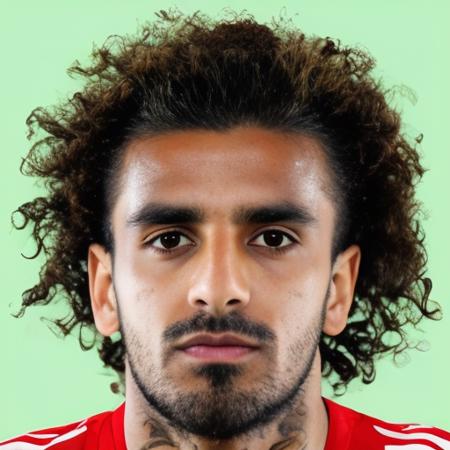30 year old male footballer <lora:futganv2:0.95> portrait [Fahad Mirza:Omar Rashid:0.5] Saudi Arabia nationality, Neck Tattoo, Triangular face shape, Straight eyebrows, Straight nose shape, Full lip shape, with soccer kit, plain background, rim lighting, studio lighting, looking at the camera, dslr, ultra quality, sharp focus, tack sharp, dof, film grain, Fujifilm XT3, crystal clear, 8K UHD, high detailed skin, skin pores
