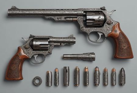 (Realism: 1.4), Cinematic lighting. revolver-type pistols, engraved elements on the handle and the stock, 6 cartridges next to the pistol
  ((detailed and detailed execution of all elements of the revolver))