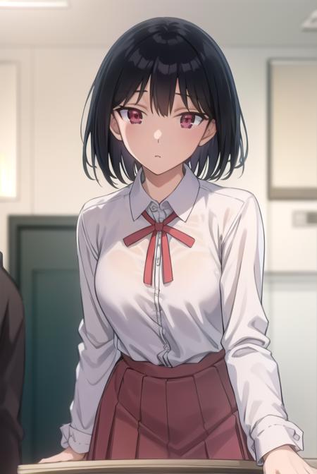 yakumotsukamoto, <lora:yakumo tsukamoto s2-lora-nochekaiser:1>,
yakumo tsukamoto, short hair, black hair, (red eyes:1.3),
BREAK skirt, shirt, long sleeves, bow, ribbon, school uniform, white shirt, pleated skirt, collared shirt, bowtie, red ribbon, neck ribbon, red skirt,
BREAK indoors, classroom,
BREAK looking at viewer, (cowboy shot:1.5),
BREAK <lyco:GoodHands-beta2:1>, (masterpiece:1.2), best quality, high resolution, unity 8k wallpaper, (illustration:0.8), (beautiful detailed eyes:1.6), extremely detailed face, perfect lighting, extremely detailed CG, (perfect hands, perfect anatomy),