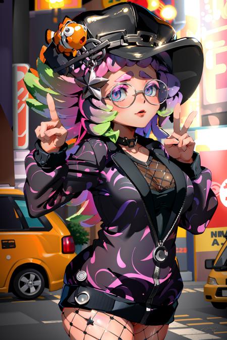 (masterpiece, best quality, highres, ultra detailed:1.2), (solo, 1girl), annie_(s3), clownfish, hat, glasses, tentacle hair, fishnets, jacket, animal print, star hair ornament, chain, (dynamic pose, peace sign), (dimly lit, shade, depth of field), (detailed background, city street:1.1)