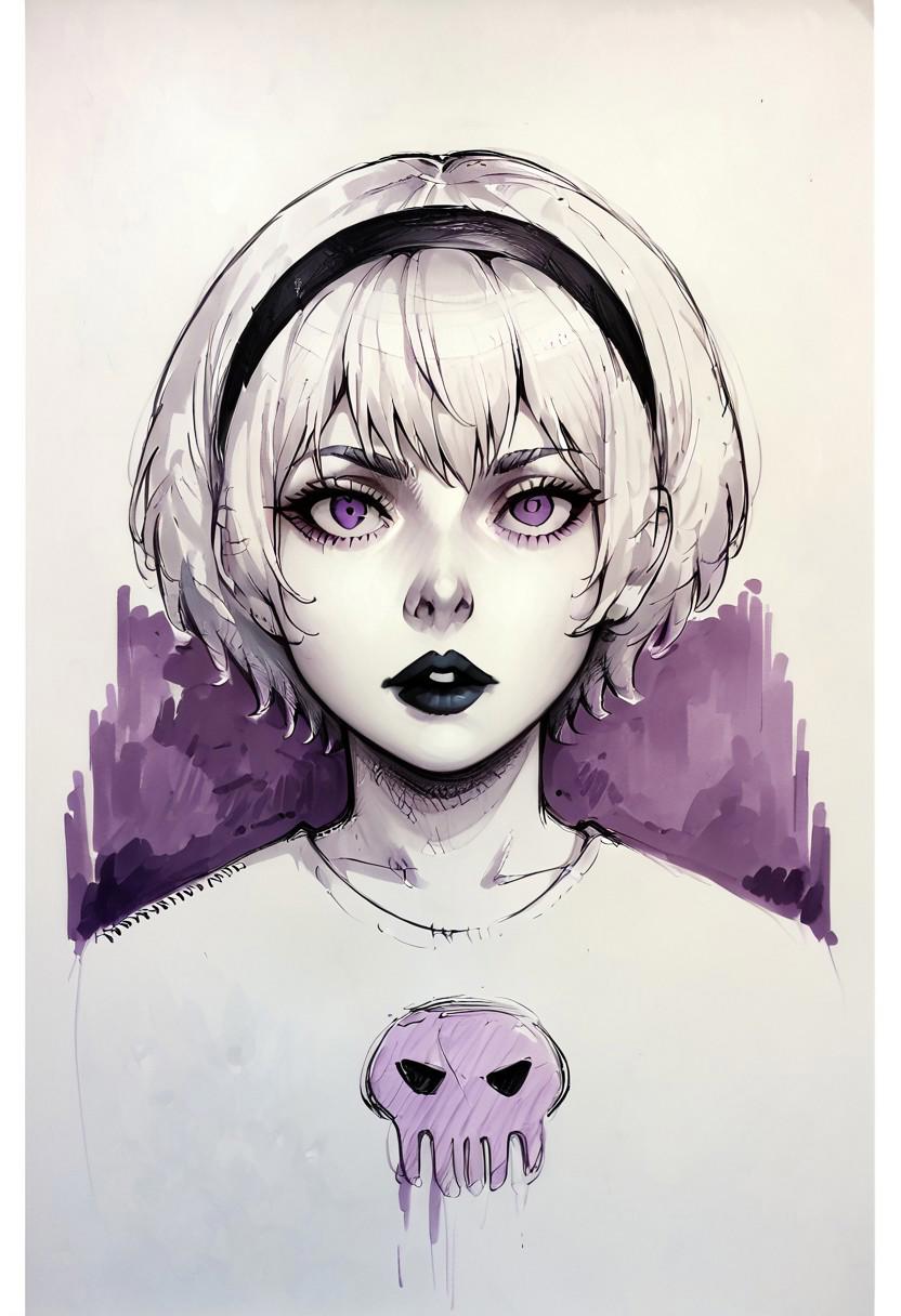 core_9, score_8_up, score_7_up, score_6_up, score_5_up, score_4_up,  1girl, white hair, black hairband, black lips, purple eyes, shirt print, <lora:Rose_Lalonde_-_outfits:0.8>, rosestart, shirt print, 1girl, solo, looking at viewer, short hair, monochrome, upper body, hairband, artist name, sketch, lips, makeup, traditional media, lipstick, portrait, skull, face focus, detailed face, BREAK source_anime