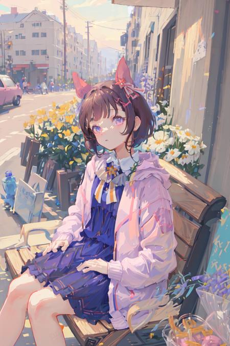 masterpiece, best quality, 
nishino flower \(umamusume\), 
sitting on bench, park, 
casual, long sleeves, neck ribbon, collared shirt, blue shirt, blue dress, pink jacket,
 <lora:nishino_flower_locon:0.8>