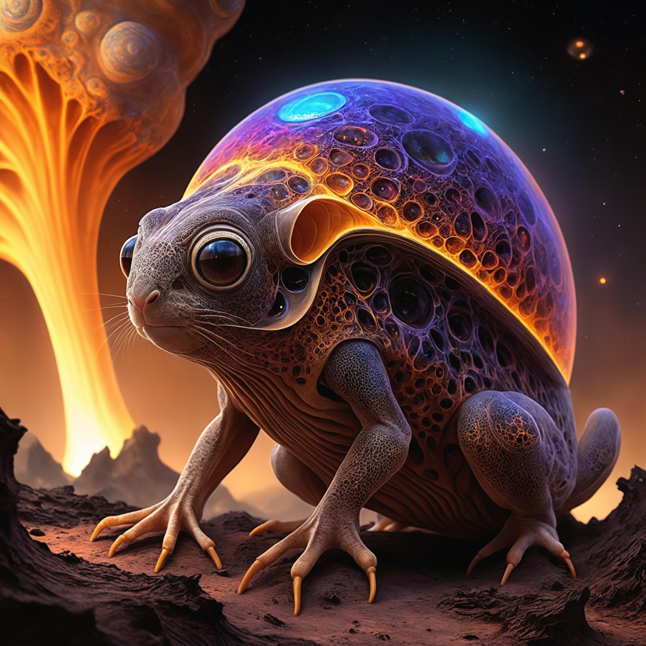 A fantastical artwork of a frog with a blue dome on its back and big eyes, standing on a rocky surface with a volcano in the background.