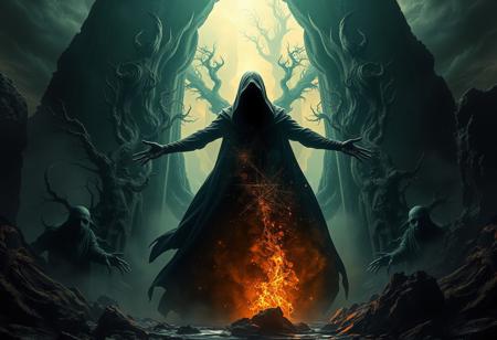 A universe inside a dark cloaked figure within mysterious landscape in an unfathomable realm of fantastic creation inhabited by ancient shadows of a forgotten time beyond the gate of the gateless gate where life is limitless, light is shadow and shadow is light, eerie sense, horror, spark of the beginning, existence and nonexistence at once, ethereal, outstretched arms, behold the end of the beginning, inglorious glory to the dark one, betrayal of the ancient order, beware the 7headed beast, destroyer of the old ways, bearer of the unbearable, nightmarish, archaic runes, tree aging backwards, breath of the gods, ruins of a place unimagined, extreme intricate detail, photorealistic, beyond epic scene, fate discarded, unseeable face of god, the end is the beginning, the beginning is the end, man arises as god dies, as above so below, as below so above, emerald tablet, thoth, guardian and saboteur of existence, hopeless hope, ghosts of the unborn, conception of the inconceivable, cosmic well of imperceptible perception, evil aura, infinite emptiness, pillars of void, overwhelming subtlety, abstract sacred geometry, beams of readiness without intention