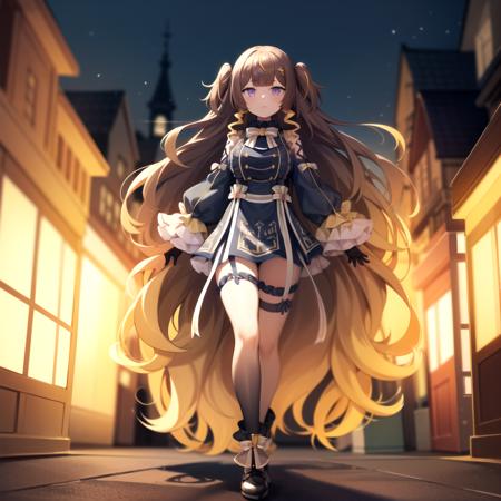 2d, masterpiece, best quality, anime, highly detailed face, highly detailed eyes, highly detailed background, perfect lighting, full body, 1girl, solo, anya melfissa, very long hair, hair ornament, black dress, frills, town, standing <lora:anya-melfissa-07:1>