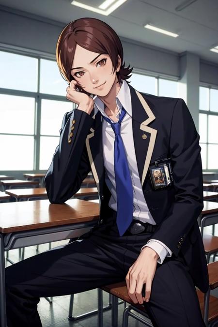 masterpiece, best quality, solo, 1boy,  smile, looking at viewer,  <lora:Tatsuya_Fp:1>, tatsuyais, school uniform, necktie, pants, black jacket, classroom,  sitting,