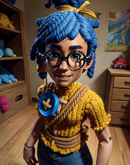 May, blue hair,dreadlocks, hair bun,  black eyes, glasses, wooden joints,  standing, upper body, smiling,  solo,  
yellow shirt,  blue pants with stiches, yellow hair ribbon, short sleeves, large blue button on shirt, , 
toy room, small perspective, 
 (insanely detailed, beautiful detailed face, masterpiece, best quality) 
 <lora:May-10v6:0.7>