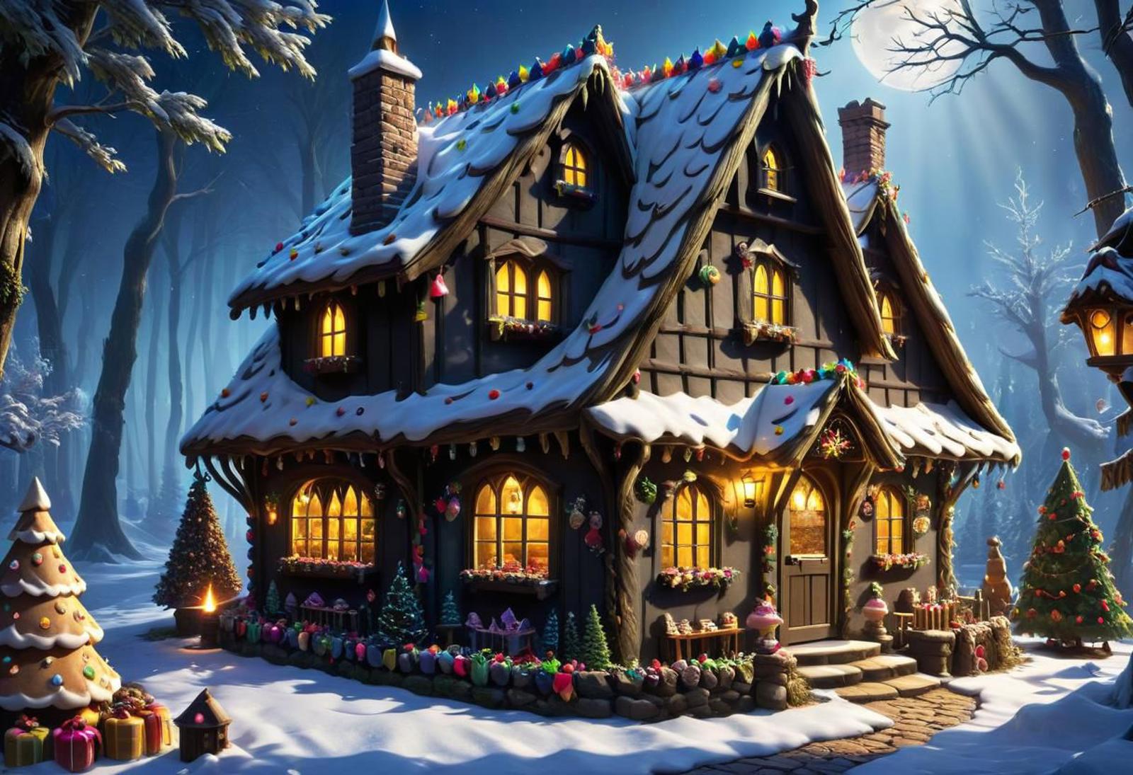 A Black and White Christmas House with Colorful Decorations