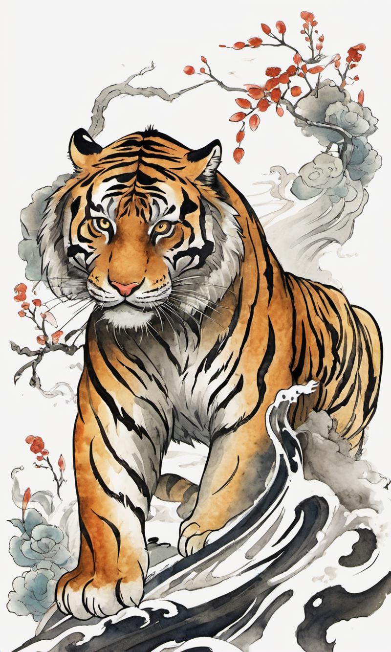A tiger painting with orange and green colors, appearing to be made with a brush.