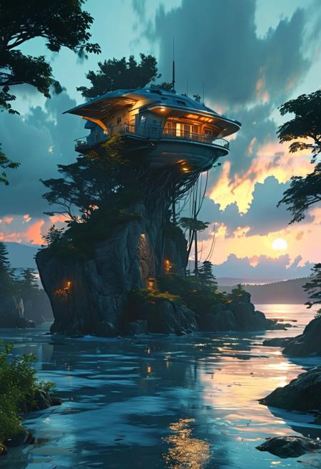 (ultra high res:1.4), (masterpiece), (beautiful lighting:1.4) ,coastline greenery, coastal water, forest, cozy technologically advanced homes and cabins, spaceship flying overhead, moonlight illuminates the icy water,, anime, above water, beautiful sky with clouds,  depth