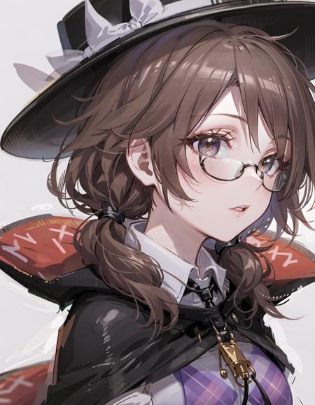 best quality, ultra high res, 1girl, jk, <lora:sumireko:1>, usami sumireko, (fedora), plaid vest, low twintails, black hair, short har, (red-rimmed glasses), cape, upper body, portrait, looking at viewer, (facing front:1.3), close-up, front face,