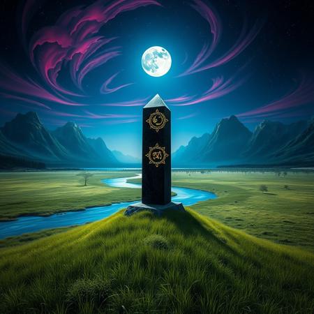 hi resolution, photorealistic, 24mm wide-angle lens. a vast grassy plain, with occasional clusters of trees, is bisected by a clear, blue river, spreading into the distance. In the foreground a tall black crystal monolith stands on a rocky outcrop, alone in the grass, from its surface mysterious and arcane glowing symbols can be seen swirling within the crystal. In the background on the horizon, tall jagged mountain peaks rise against an inky blue, star studded sky with magenta cirrus clouds, in which a bright moon shines illuminating this momentous scene