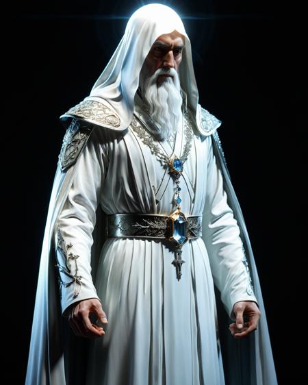 noble and pure dignified full body Saruman in an illuminated white robe,  light shining through robe and hair, transparency, shadows, long white beard, hood, water, reflections, pure white tower, light shining through CALCITE, silver, chrome, closeup highly detailed illuminated face, light shining through gemstone of semi-precious stone, jewels, Kay Nielsen, arch, volumetric lighting, prismatic effect, <lora:add-detail-xl:1.0>  <lora:xl_more_art-full_v1:0.5>