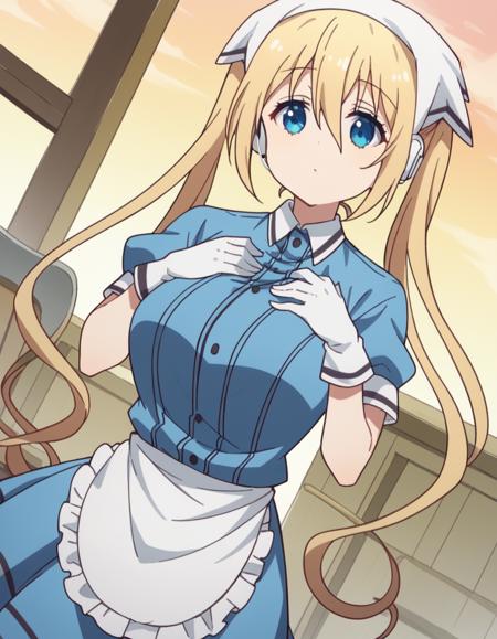 kaho hinata, blonde hair, blue eyes, hair between eyes, long hair, sidelocks, twintails, large breasts apron, blue shirt, blue skirt, frilled apron, frills, gloves, head scarf, shirt, short sleeves, skirt, uniform, waist apron, waitress, white apron, white gloves skirt, shirt, long sleeves, bow, school uniform, pleated skirt, collared shirt, bowtie, sweater, plaid, black shirt, plaid skirt, grey skirt, black sweater, grey bow,