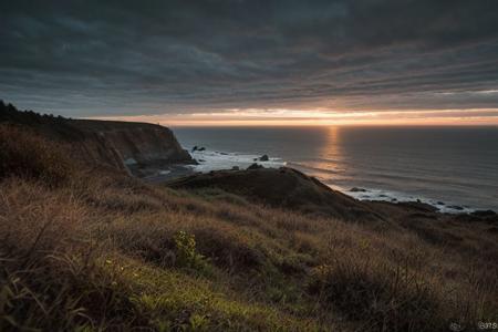 raw photo, a sunset landscape, oregon coast,  forested cliffs, cozy, photorealistic, high detailed texture, 8k uhd, dslr, soft lighting, high quality, film grain, Fujifilm XT3, Sony A7 IV, highly detailed photography, (muted colors, cinematic, dim colors, soothing tones:1.2), vibrant, insanely detailed, hyperdetailed, (dark shot:1.2), (vsco:0.3), (intricate details:0.9), (hdr, hyperdetailed:1.2) (highest coherency: 1.39) (highest quality: 1.39) (rule-of-thirds)