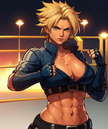 Shina,spiked blonde hair,muscular,abs ,blue eyes, tanned skin,  standing, fist up, serious expression,  close up
ShiGea,red crop top,fingerless gloves ,cropped long sleeved jacket,belt,boots, dark blue attire,cleavage,
steel cage arena, lights, moonlight,
(insanely detailed, beautiful detailed face, masterpiece, best quality) cinematic lighting,   <lora:Shina:0.8>