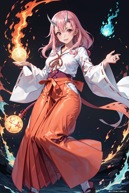 masterpiece, best quality, absurdres, ShunaTensura, low-tied long hair, oni horns, miko, red hakama, tabi, blue flames, magic, smile, <lora:ShunaTensura:1.0>