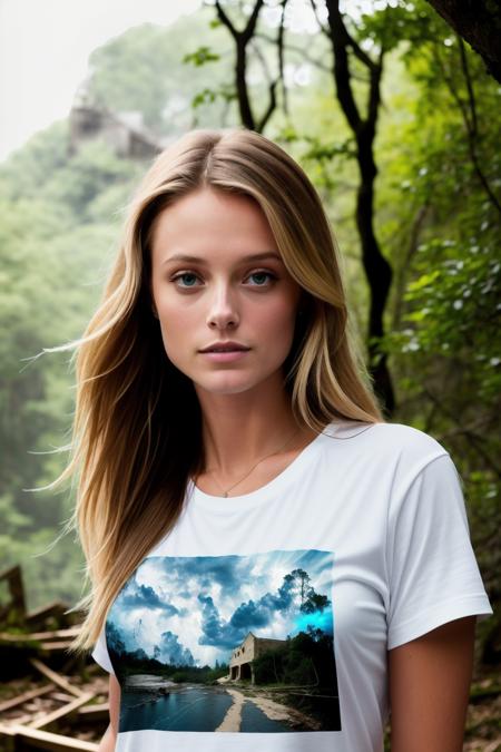 katebock a beautiful woman, in a (ruin), in the woods, wearing a (t-shirt:1.1), (thunderstorm:1.2), (8k, best quality, depth of field, ultra high res:1.2),