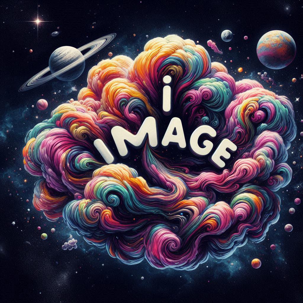 A colorful cloud of swirling cosmic smoke and dust that floats in space. In the cloud the playful text "I image" is written with high-contrast text. The dark background contains stars, planets, and galaxies.