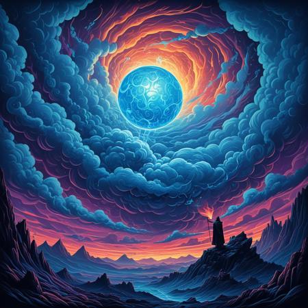 a painting of clouds in the dark with light coming from the top. A vibrant, abstract illustration featuring swirling, oversized blue smoke-like-clouds against a gradient background of blue hues. The clouds appear layered and textured, with subtle highlights and shadows that create depth. The composition conveys a sense of a dark prophetic future merging with a scary, evil sky. In de bottom right is one tiny dark evil necromancer person with cape and holding a glass ball in the far distance. vector design, colorful, posterized color illustration in the style of dan mumford, vintage, retro, psychedelic, intricate fantasy painting, blue tints, soft light 4 k, dan mumford artwork