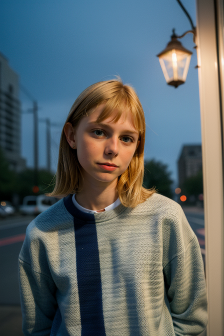 FloFleming, (light blonde hair), portrait of a woman in front of a diner at night, raining, perfect eyes