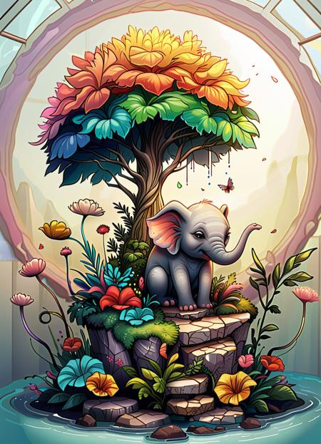 surprised hose elephant watering plants, in the greenhouse, colorful trunks hoses, water sprayers, flowers, artpkplnt, 8k, ultra detailed   <lora:ArtfullyPOKEPLANTS:1>