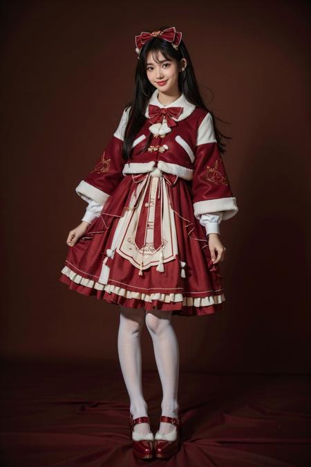 best quality, masterpiece, photorealistic, realistic, 1girl, solo, looking at viewer, smile, full body, long black hair, straight hair, bangs, blunt bangs, standing, cyb dress, layered dress, long sleeves, bowtie, overcoat, frilled dress, white thighhighs, high heels, simple background, <lora:chinese_new_year_dress_style1_v1:0.7>