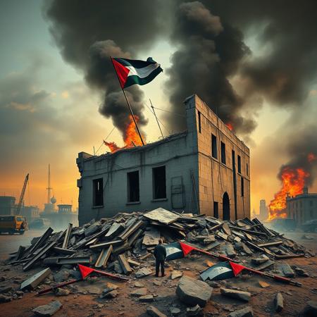 Create an image that sensibilize about the destruction of gaza and the cruelty of war, in the bacround something that can be associated with the liberation of palestine