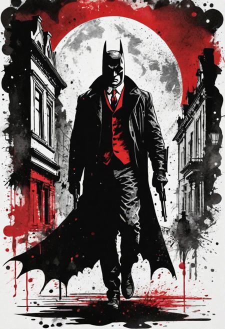 linquivera, liiv1, Illustration in red and black ink, distressed white paper, inkpunk, ink stains, ink splatter, drops, , empty street of a Victorian city and the figure of batman walking, coat and cap with a revolver in his hand and a knife in the other emerging from shadow, moon, moonlight,