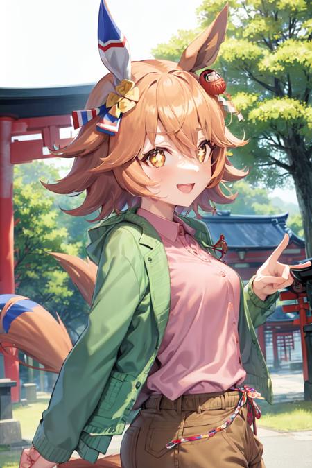 masterpiece, best quality,
matikanefukukitaru \(umamusume\),
torii, nature, smile, from side,
collared shirt, pink shirt, long sleeves, open clothes, green jacket, brown pants, brown shorts,
<lora:matikanefukukitaru_loha:0.8>