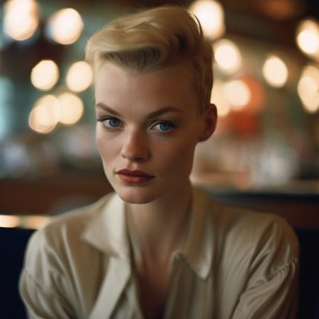 embedding:annev annev a close up portrait photo of 26 y.o woman, Sassy Undercut Pixie , pale skin, detailed skin,(freckles:.5), sitting, face closeup, 70s clothing, vintage coffee shop, chiaroscuro lighting, eye level, shot onlarge format, Fujicolor Pro, bokeh, in style of Miles Aldridge woman, annev sitting alone on a sofa